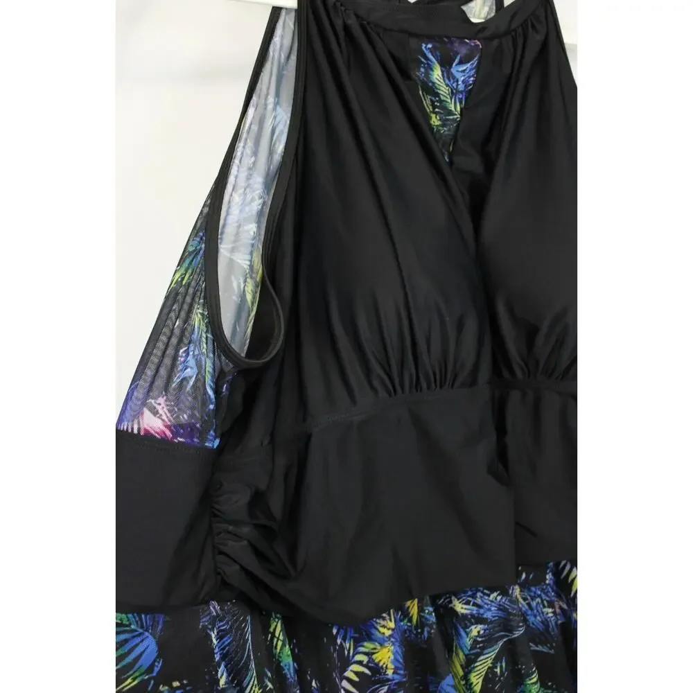 Bloomchic Swim Dress Halter Sheer Skirt‎ Women 28 Black Floral Swimwear